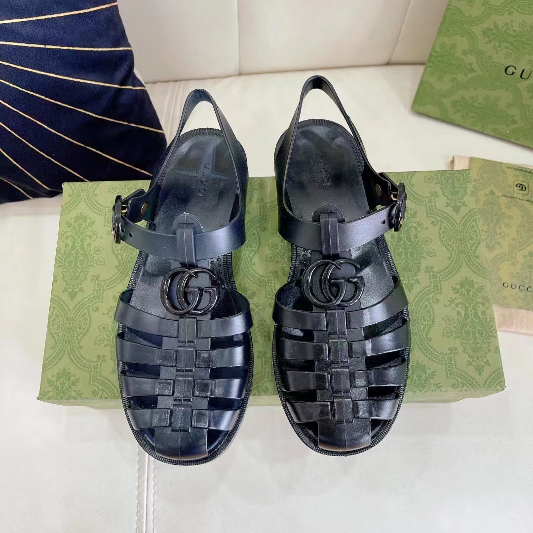 G*u*i unisex gg sandal double g black rubber sole ankle buckle flat