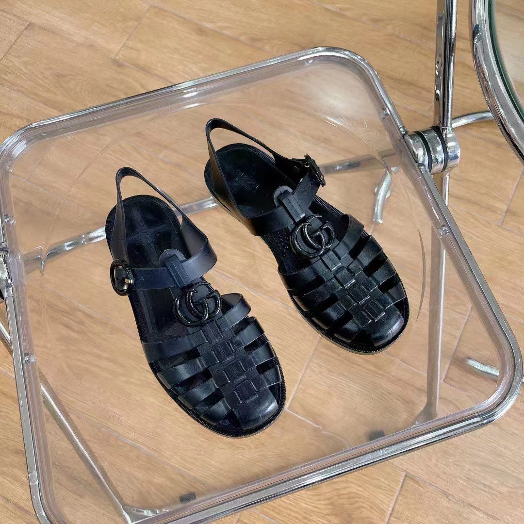 G*u*i unisex gg sandal double g black rubber sole ankle buckle flat