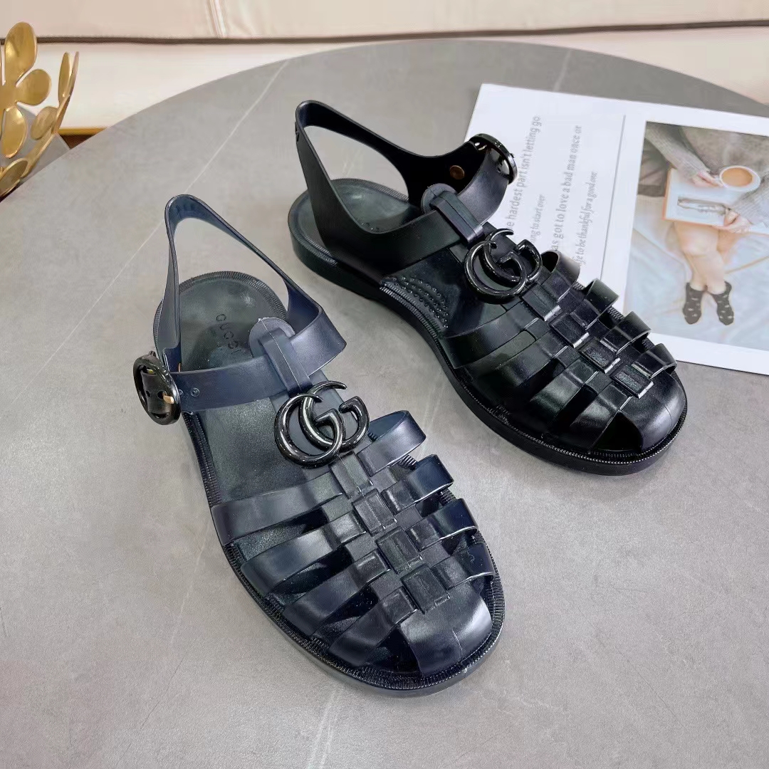 G*u*i unisex gg sandal double g black rubber sole ankle buckle flat
