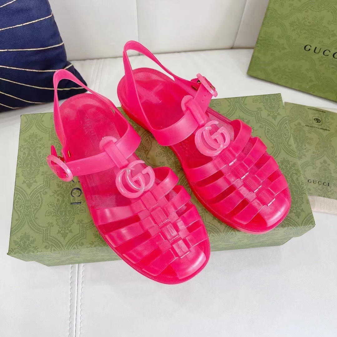 G*u*i unisex gg sandal double g pink transparent rubber sole ankle buckle flat