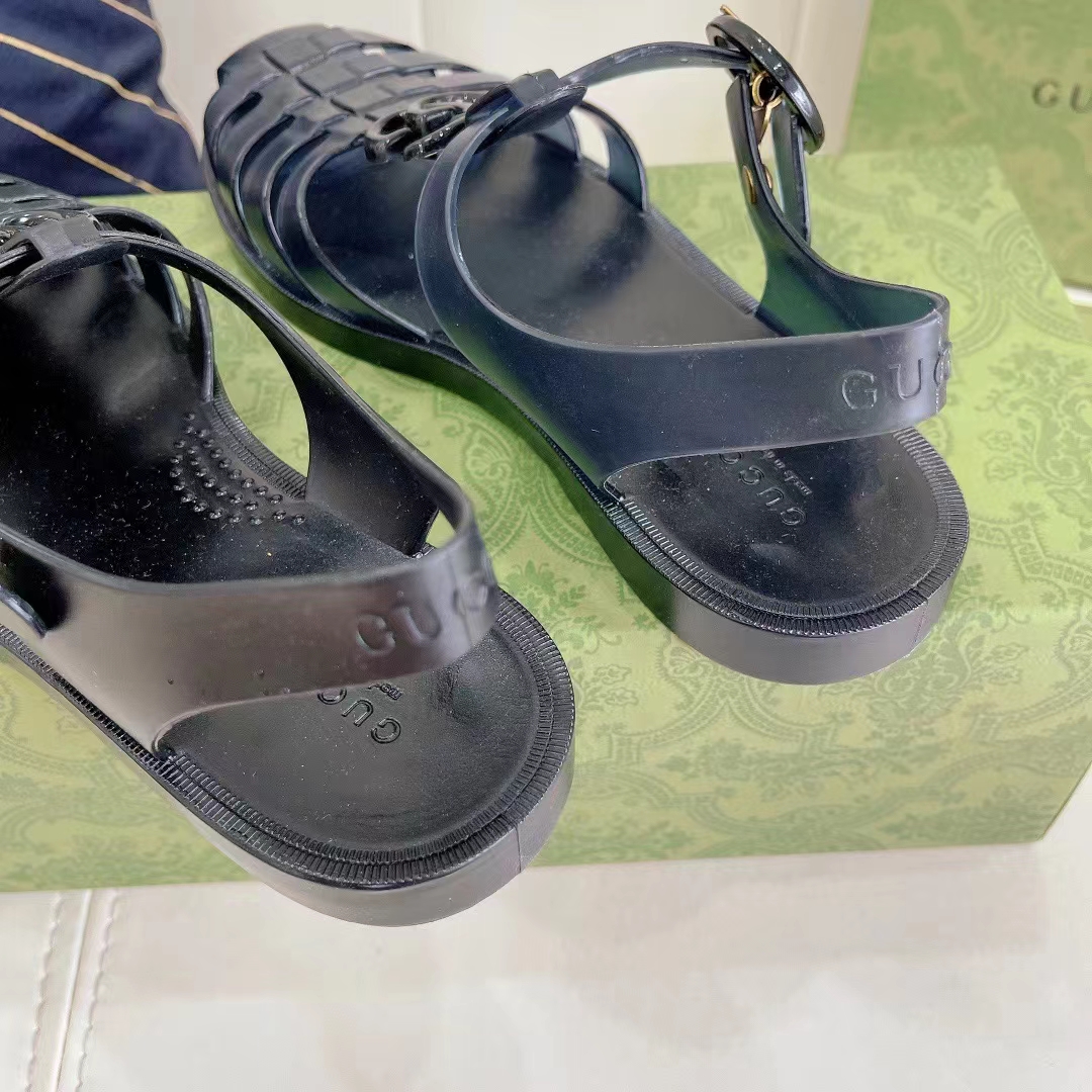 G*u*i unisex gg sandal double g black rubber sole ankle buckle flat