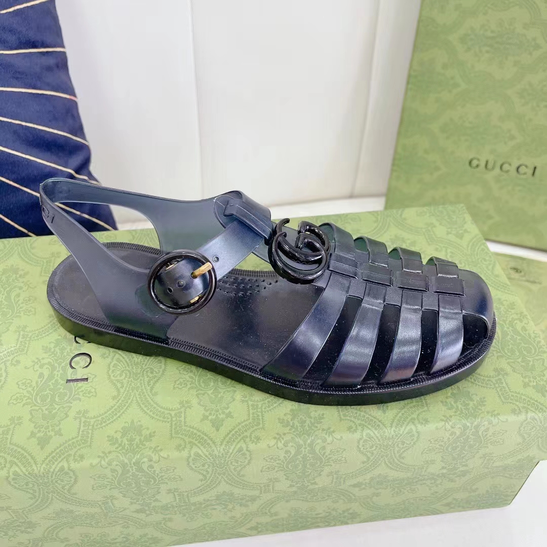 G*u*i unisex gg sandal double g black rubber sole ankle buckle flat