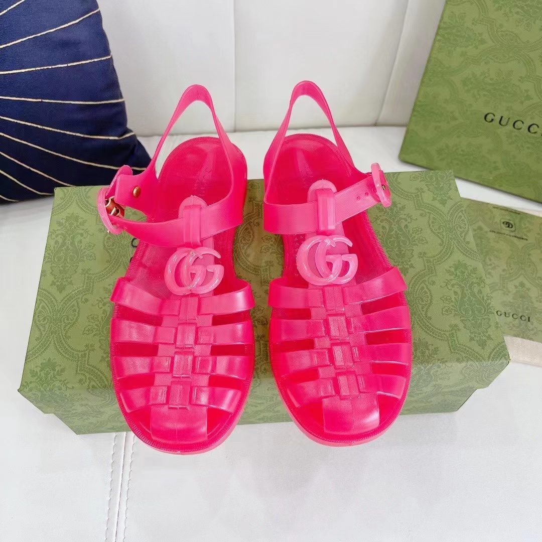 G*u*i unisex gg sandal double g pink transparent rubber sole ankle buckle flat
