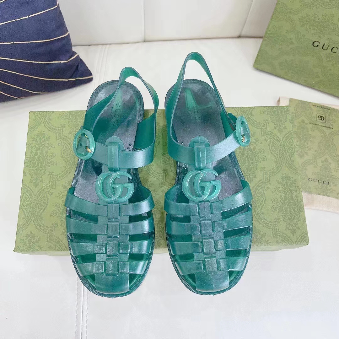 G*u*i unisex gg sandal double g transparent green rubber sole ankle buckle flat