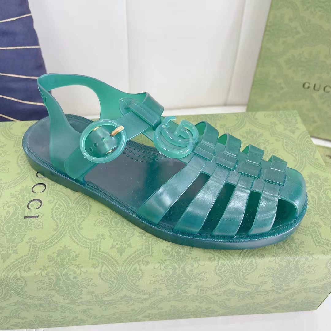G*u*i unisex gg sandal double g transparent green rubber sole ankle buckle flat