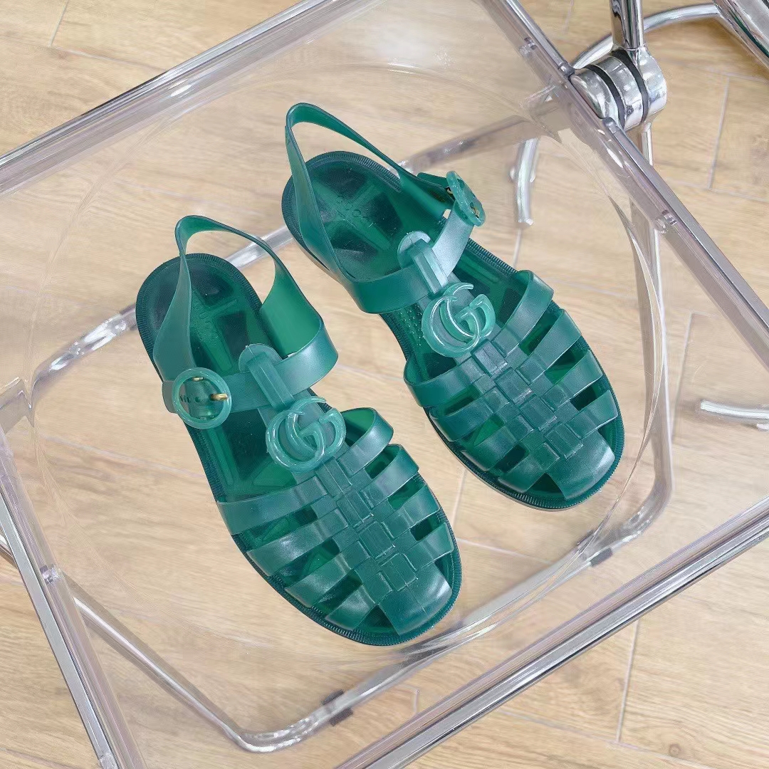 G*u*i unisex gg sandal double g transparent green rubber sole ankle buckle flat