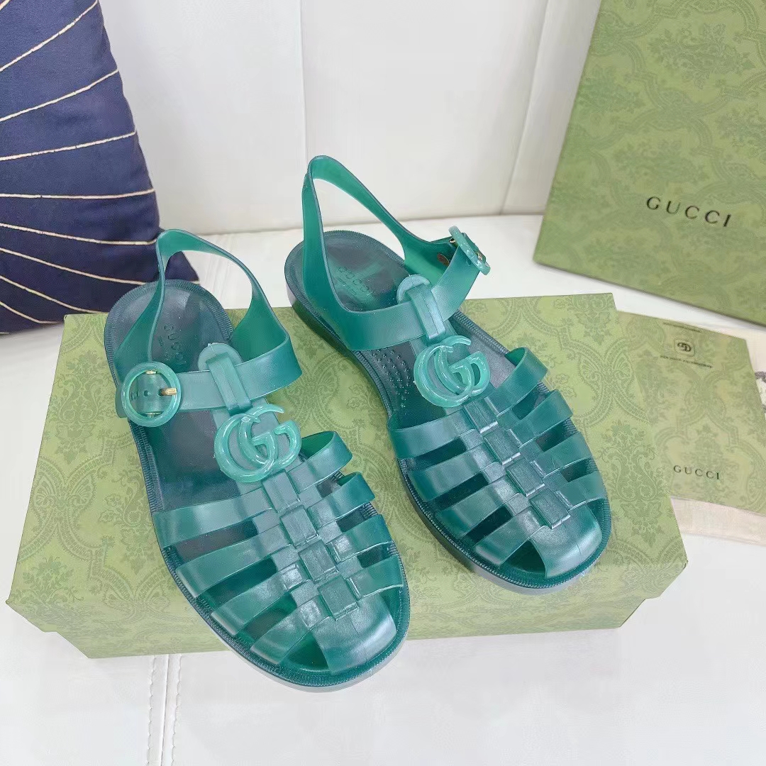 G*u*i unisex gg sandal double g transparent green rubber sole ankle buckle flat
