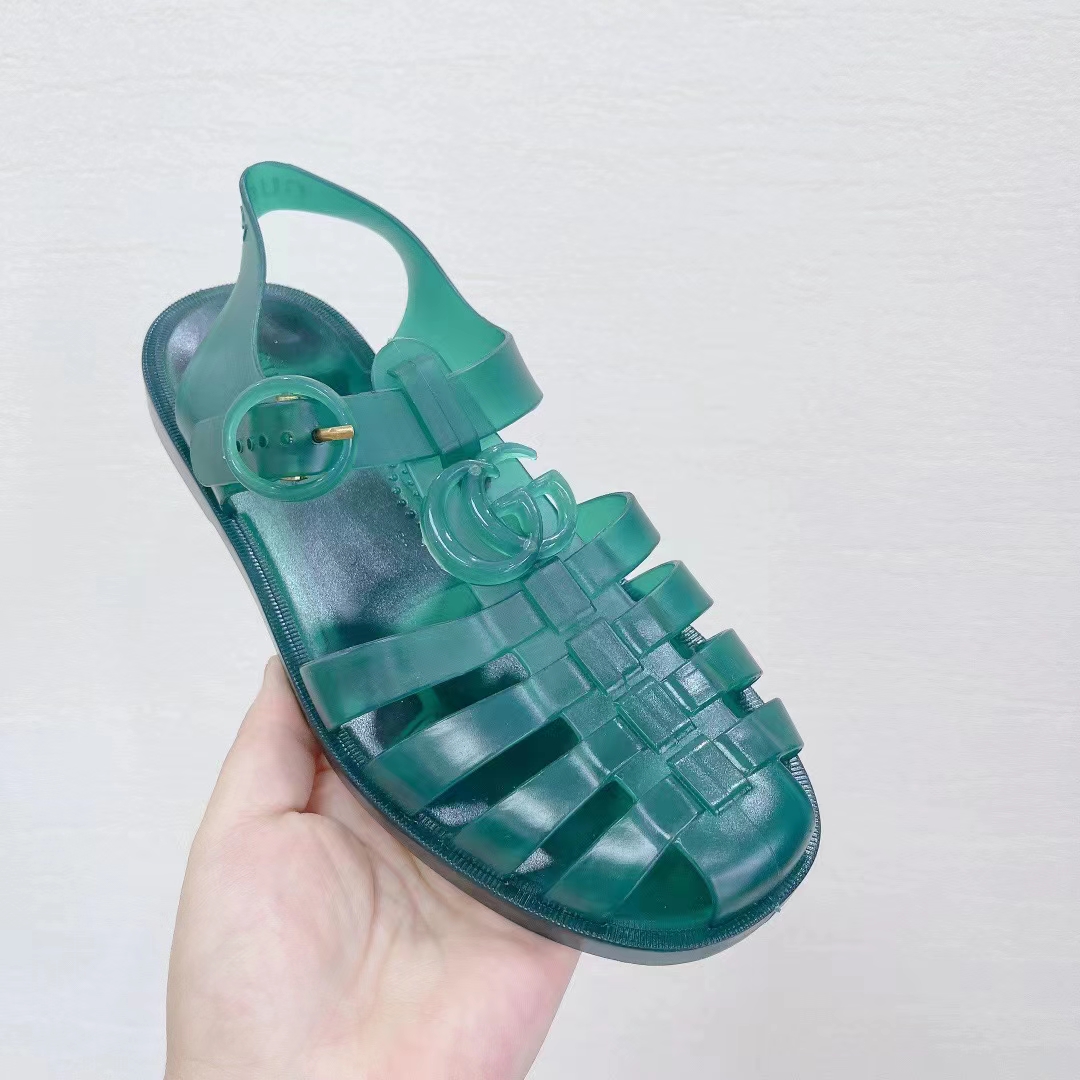 G*u*i unisex gg sandal double g transparent green rubber sole ankle buckle flat