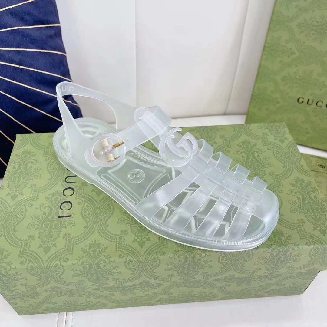 G*u*i unisex gg sandal double g transparent rubber sole ankle buckle closure flat