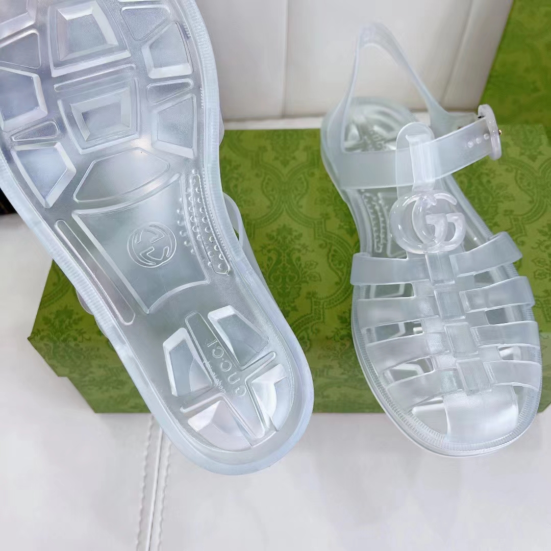 G*u*i unisex gg sandal double g transparent rubber sole ankle buckle closure flat