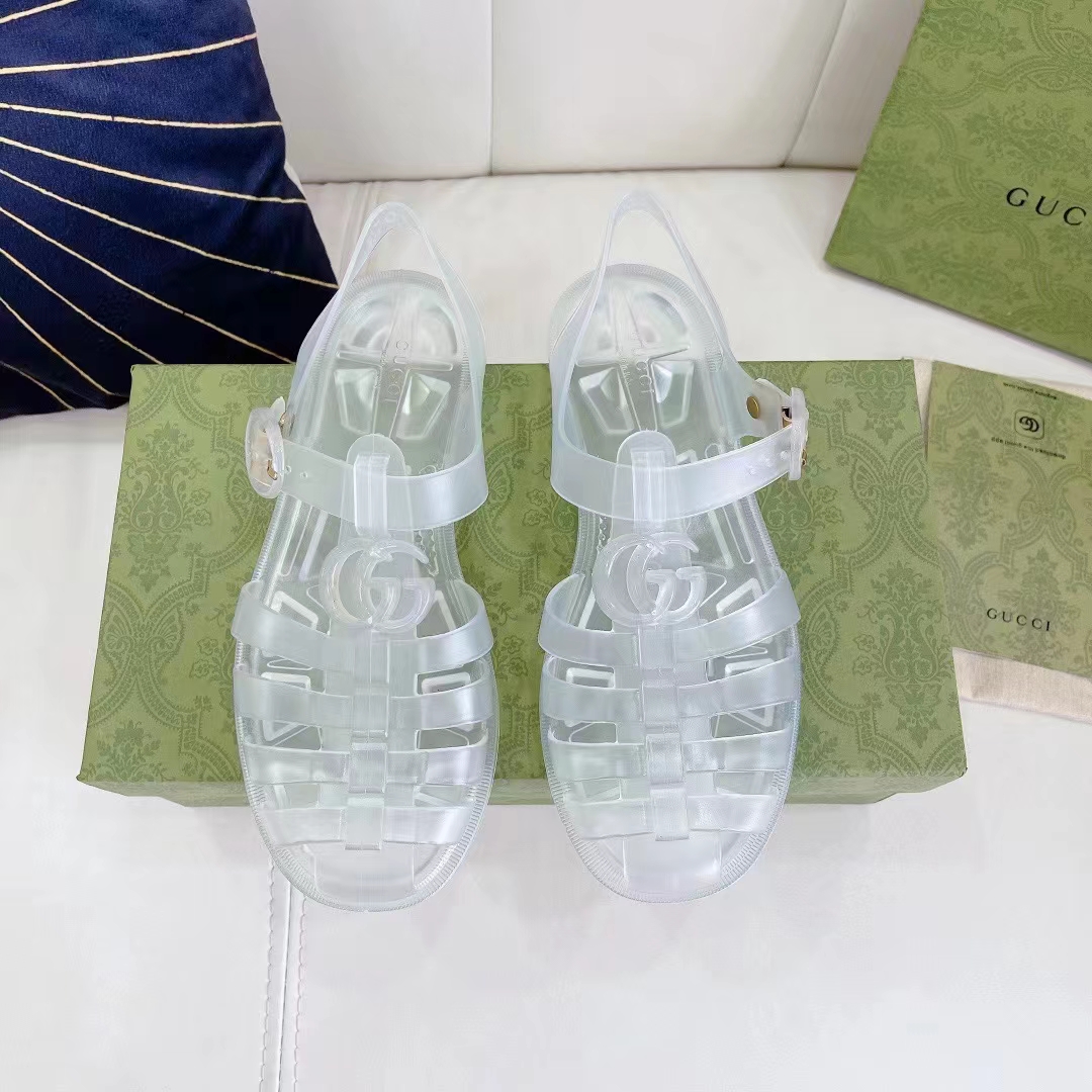 G*u*i unisex gg sandal double g transparent rubber sole ankle buckle closure flat