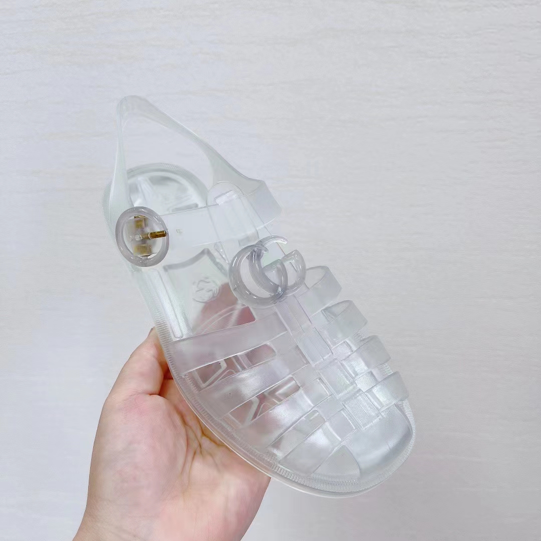 G*u*i unisex gg sandal double g transparent rubber sole ankle buckle closure flat