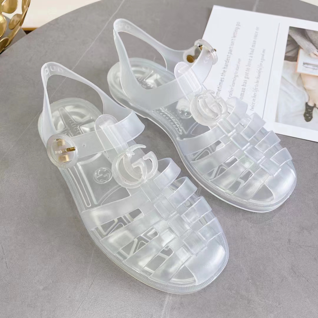 G*u*i unisex gg sandal double g transparent rubber sole ankle buckle closure flat