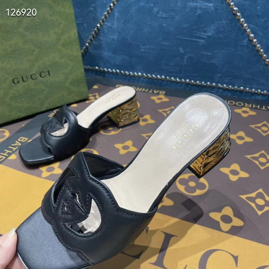 G*u*i women interlocking g cut-out sandal black leather mid-heel 5 cm heel