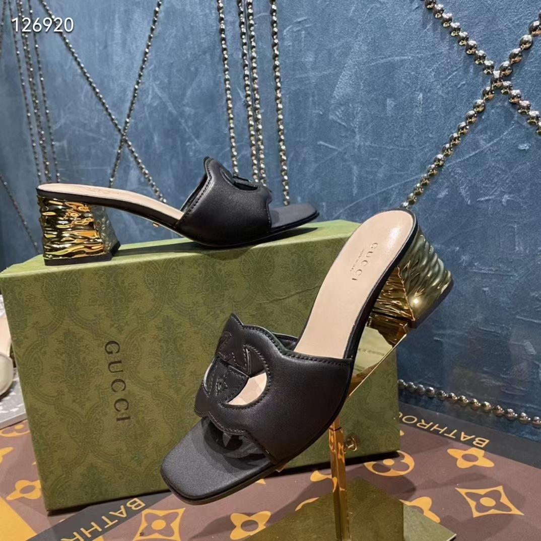 G*u*i women interlocking g cut-out sandal black leather mid-heel 5 cm heel