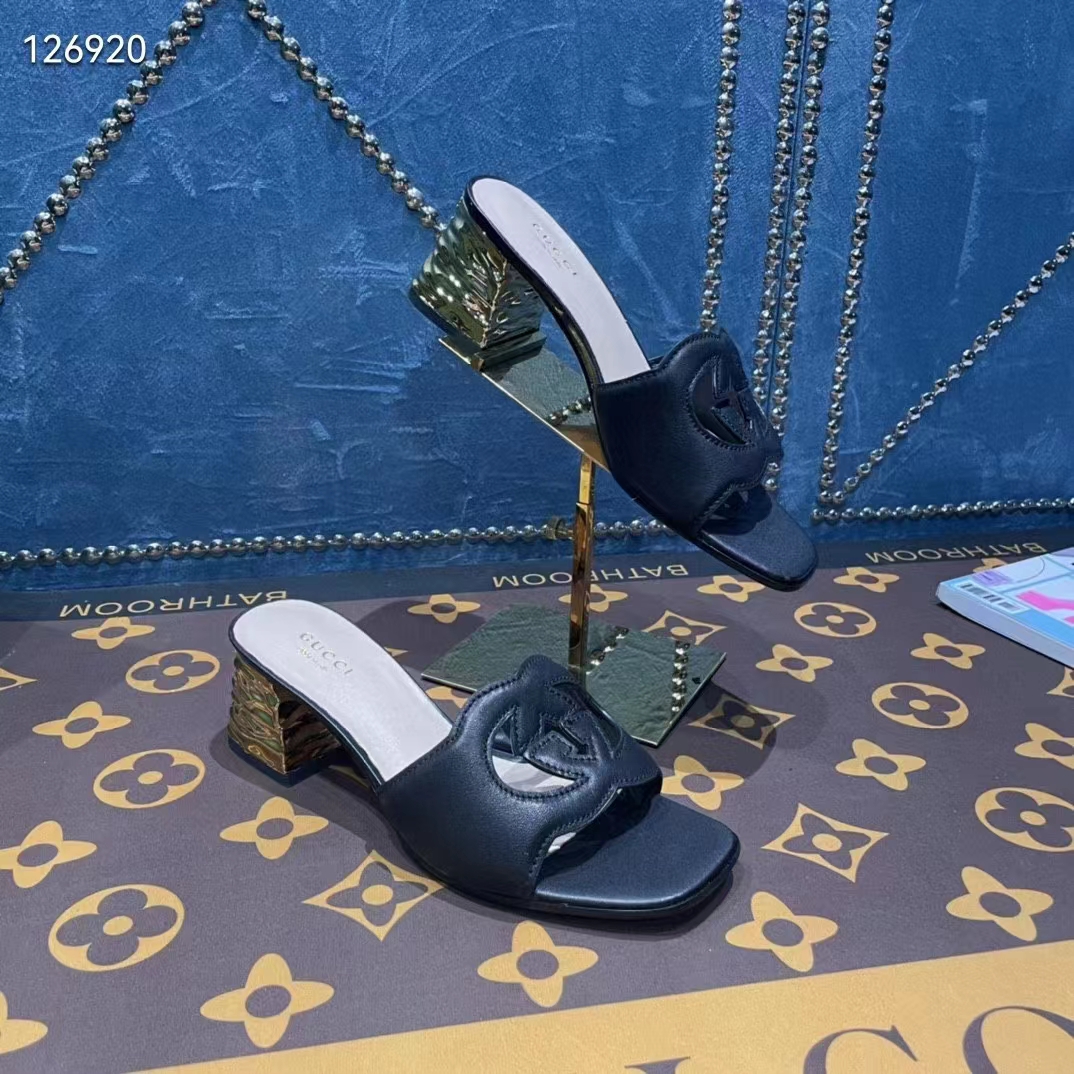 G*u*i women interlocking g cut-out sandal black leather mid-heel 5 cm heel
