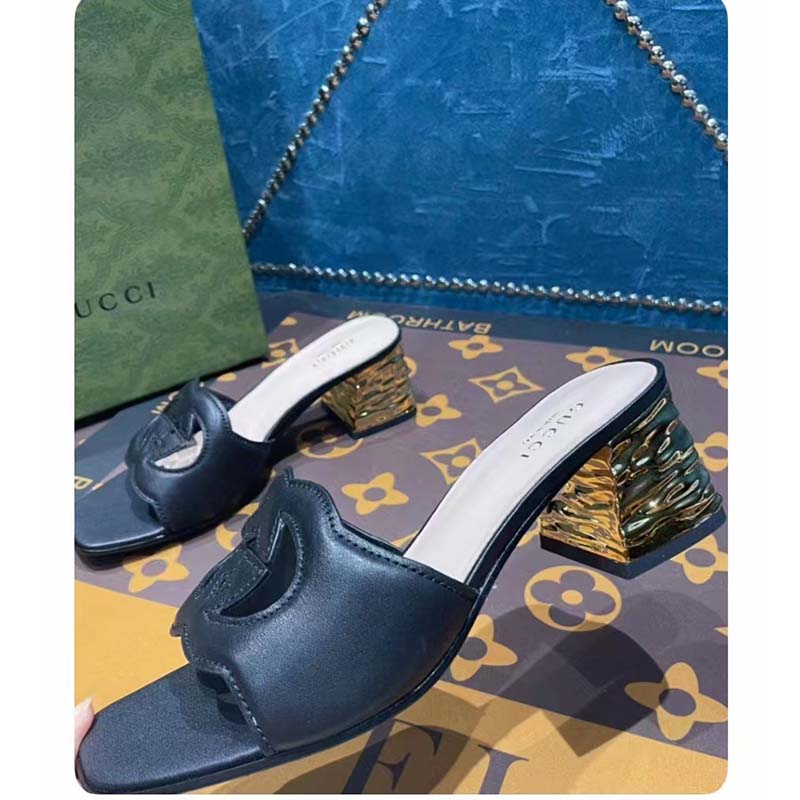 G*u*i women interlocking g cut-out sandal black leather mid-heel 5 cm heel