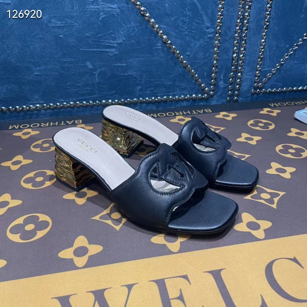 G*u*i women interlocking g cut-out sandal black leather mid-heel 5 cm heel