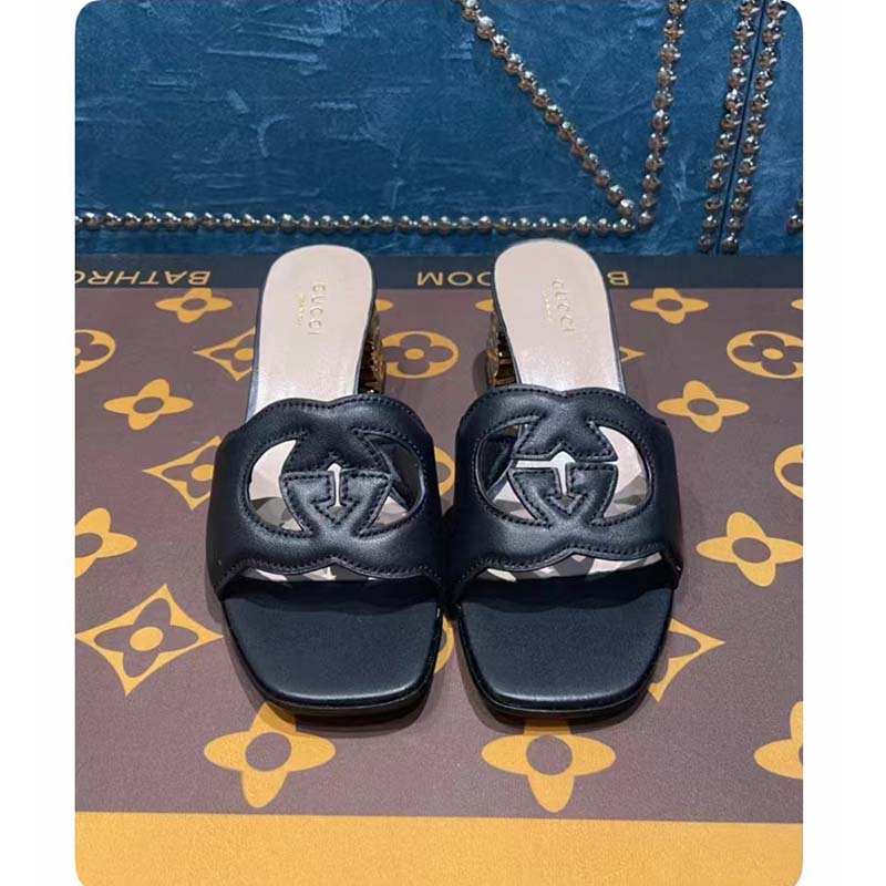 G*u*i women interlocking g cut-out sandal black leather mid-heel 5 cm heel