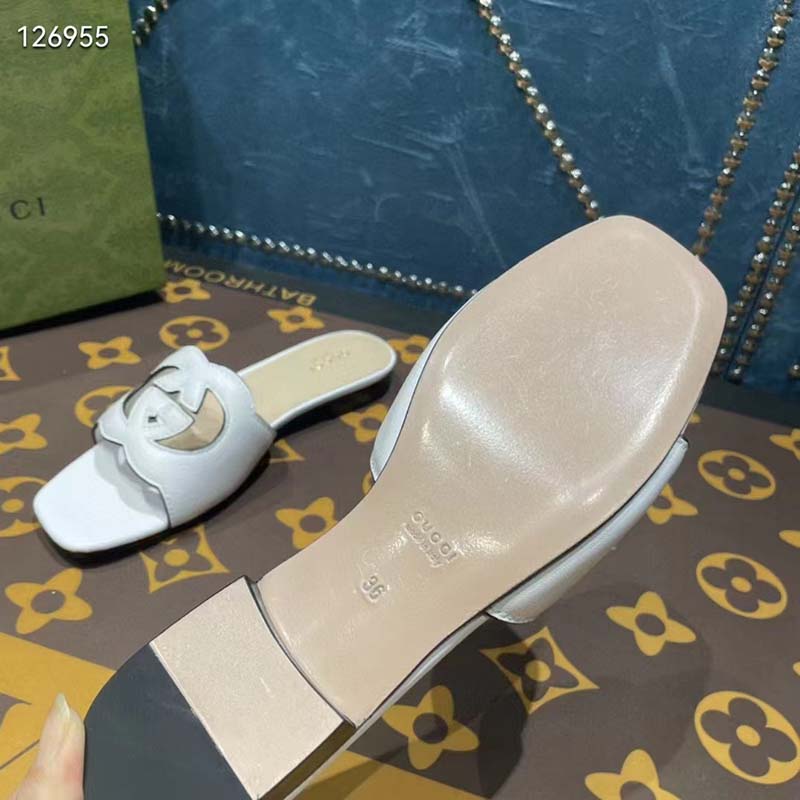 G*u*i unisex interlocking g cut-out slide sandals white leather flat 1 cm heel