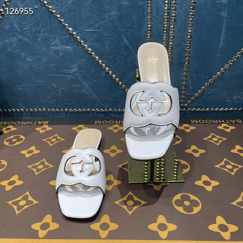 G*u*i unisex interlocking g cut-out slide sandals white leather flat 1 cm heel
