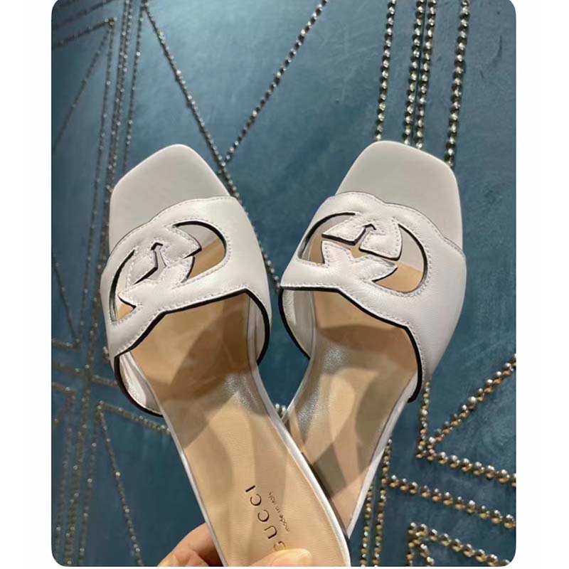 G*u*i unisex interlocking g cut-out slide sandals white leather flat 1 cm heel