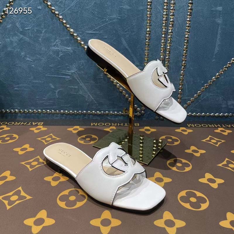 G*u*i unisex interlocking g cut-out slide sandals white leather flat 1 cm heel