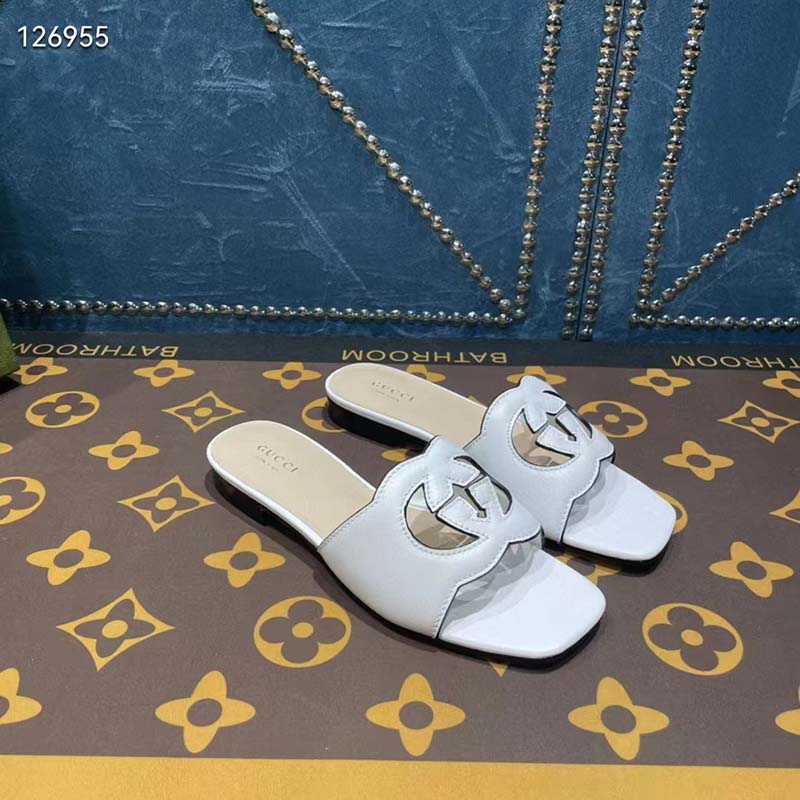 G*u*i unisex interlocking g cut-out slide sandals white leather flat 1 cm heel