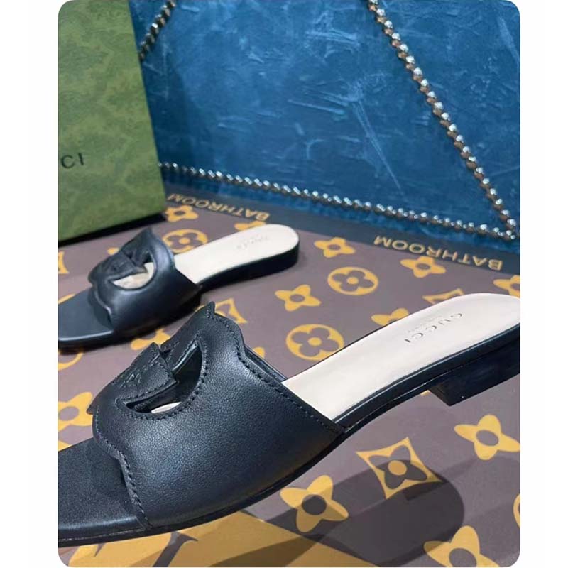G*u*i unisex interlocking g slide sandals black leather cut-out flat