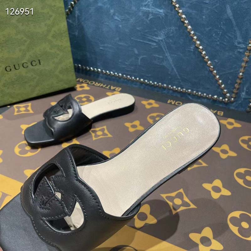 G*u*i unisex interlocking g slide sandals black leather cut-out flat