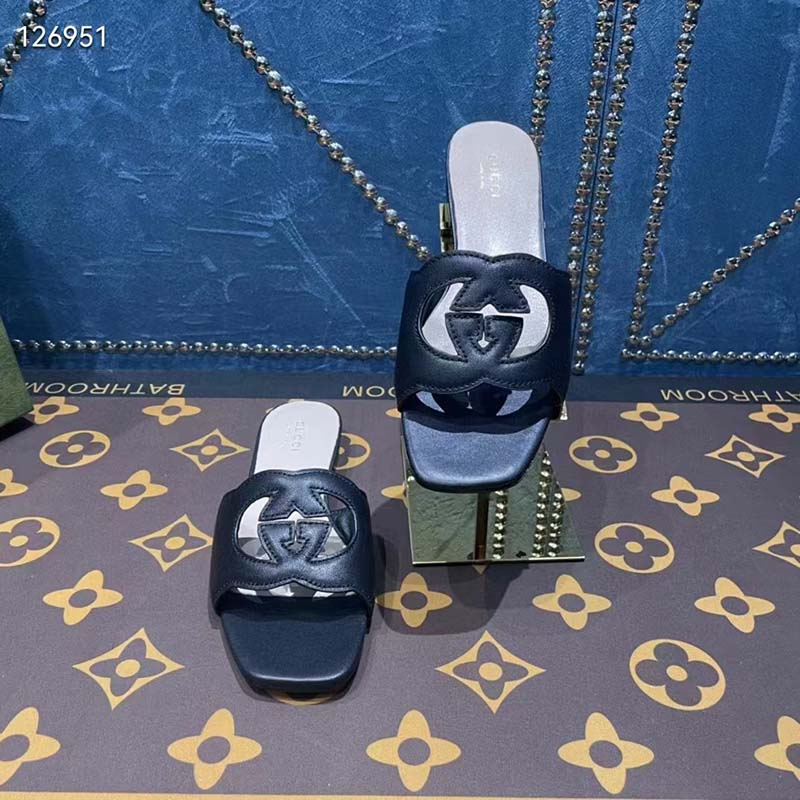 G*u*i unisex interlocking g slide sandals black leather cut-out flat