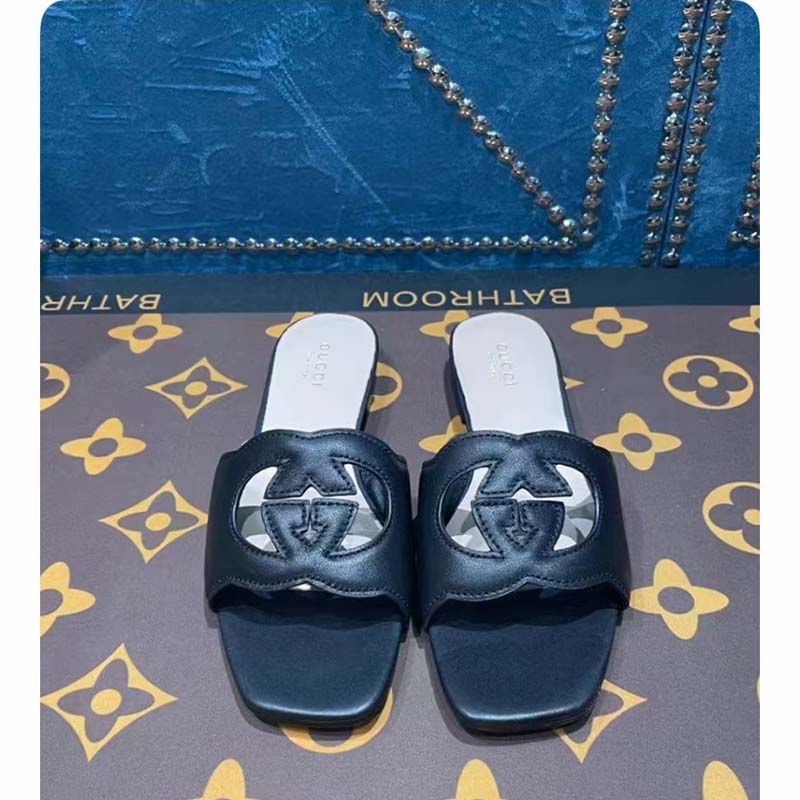 G*u*i unisex interlocking g slide sandals black leather cut-out flat
