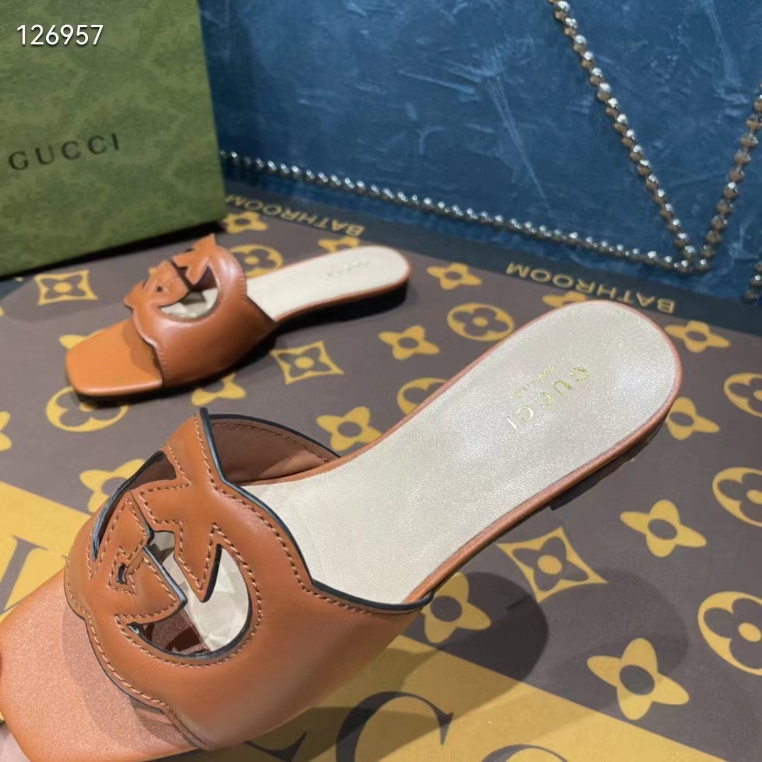 G*u*i unisex interlocking g slide sandals orange leather cut-out flat
