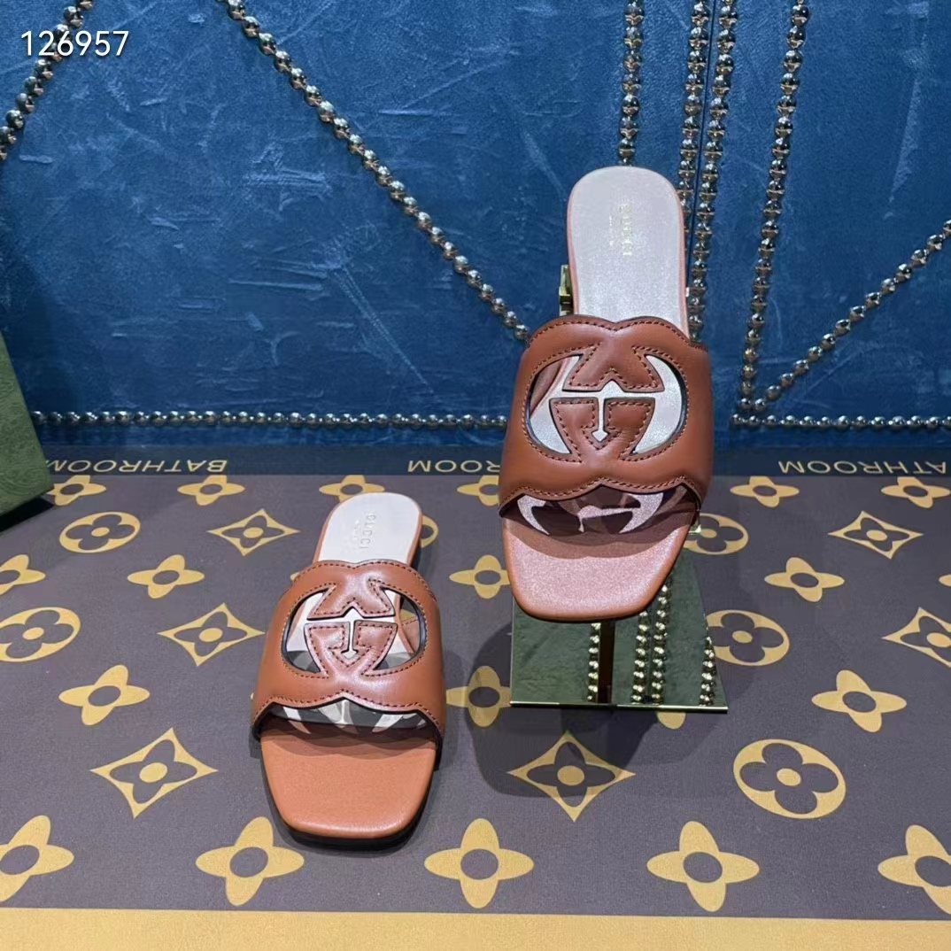 G*u*i unisex interlocking g slide sandals orange leather cut-out flat