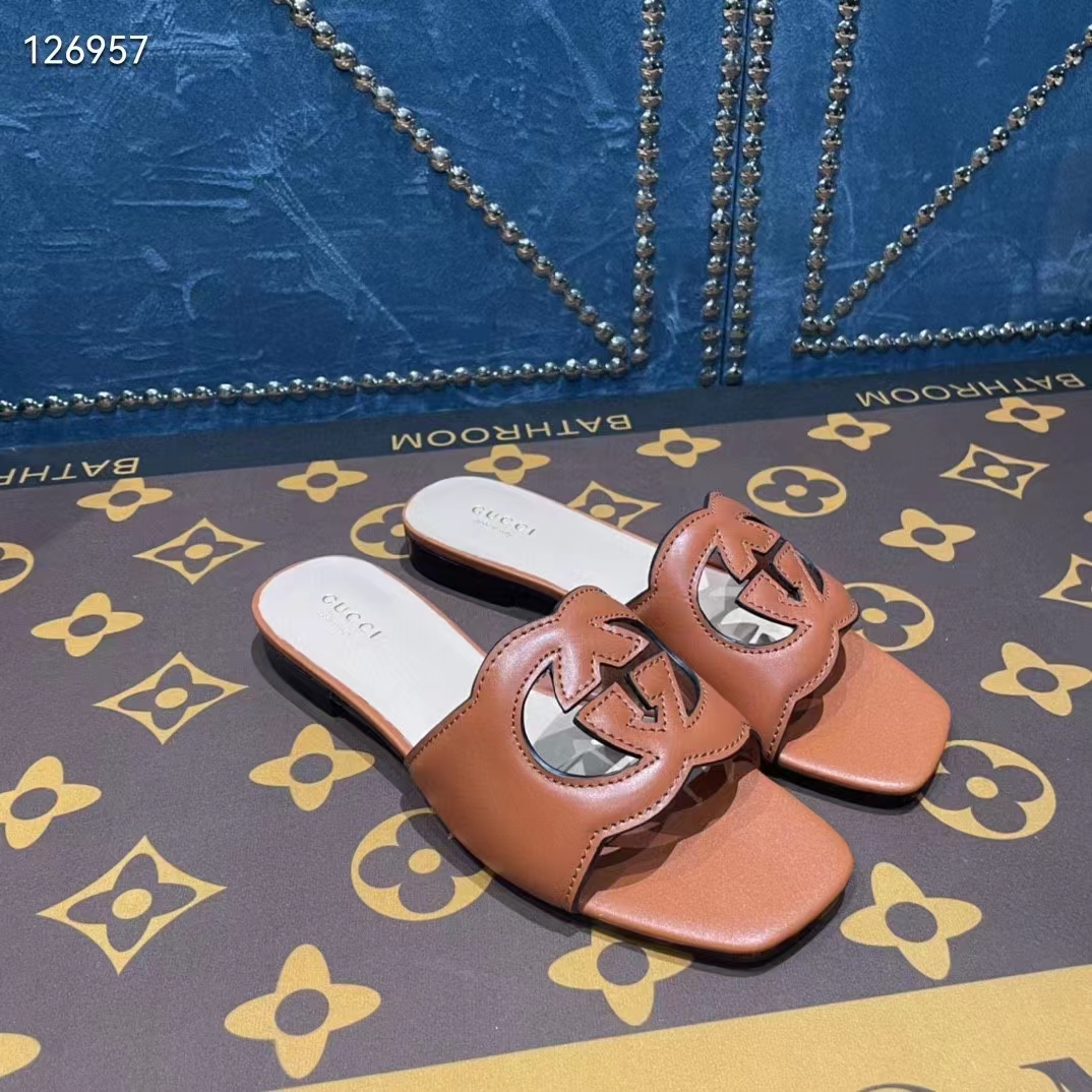 G*u*i unisex interlocking g slide sandals orange leather cut-out flat