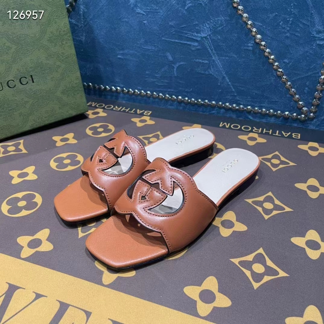G*u*i unisex interlocking g slide sandals orange leather cut-out flat