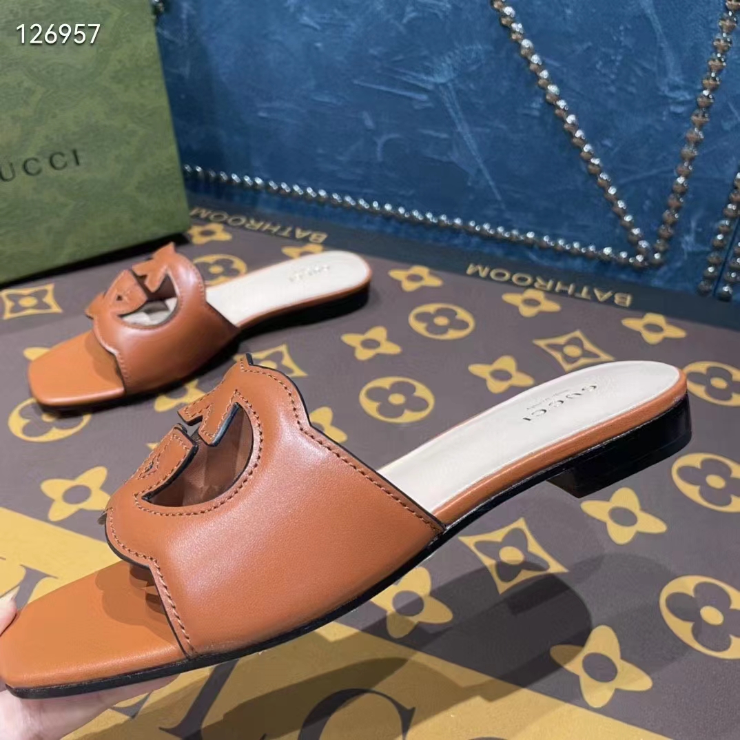 G*u*i unisex interlocking g slide sandals orange leather cut-out flat