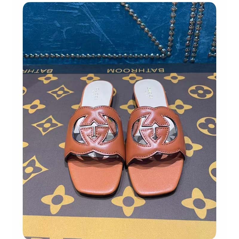 G*u*i unisex interlocking g slide sandals orange leather cut-out flat