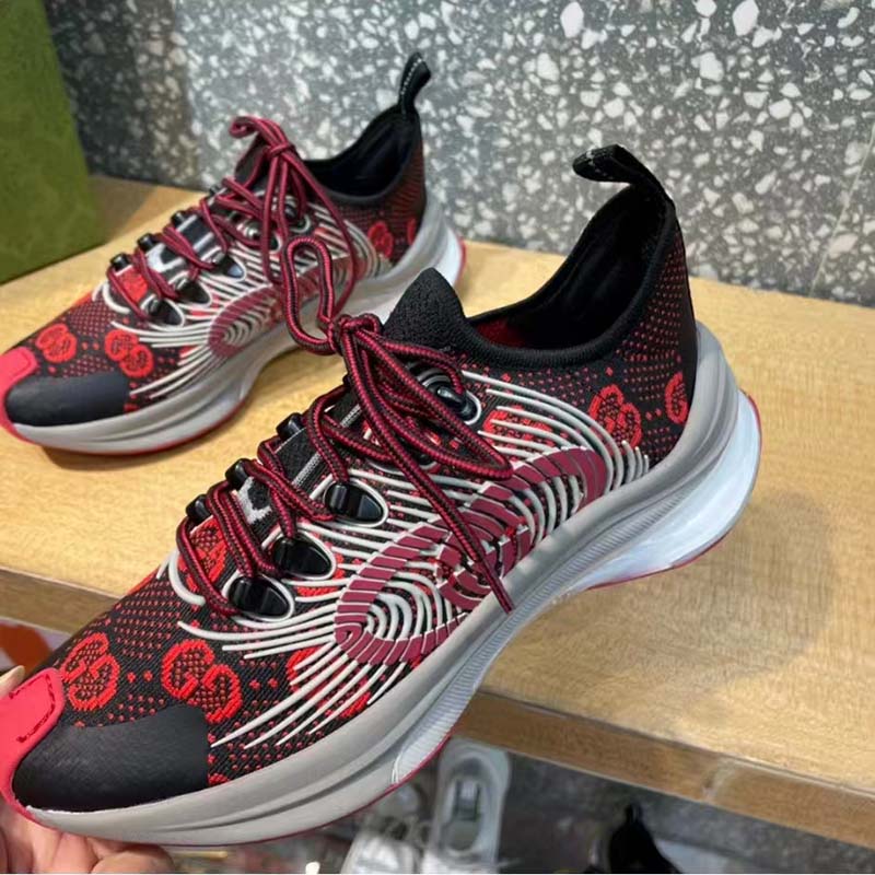G*u*i unisex run sneaker black red gg technical knit fabric interlocking g rubber