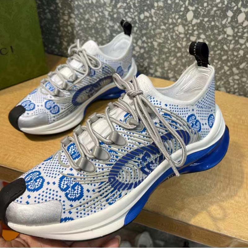 G*u*i unisex run sneaker white blue gg technical knit fabric interlocking g rubber