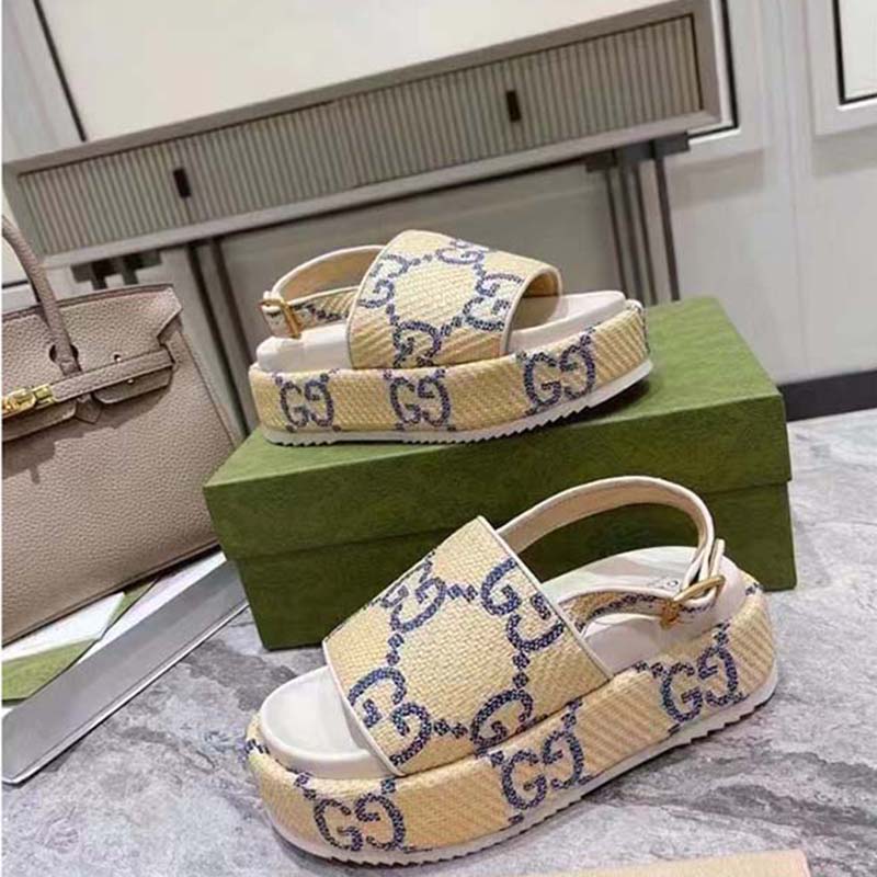 G*u*i women gg platform sandal beige light blue gg raffia effect fabric
