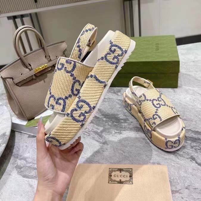 G*u*i women gg platform sandal beige light blue gg raffia effect fabric