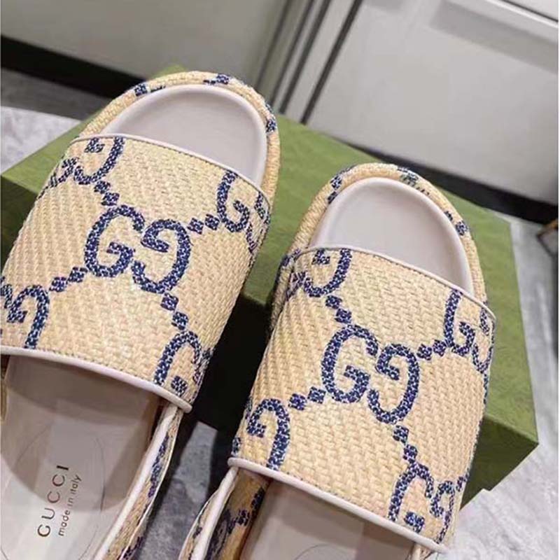 G*u*i women gg platform sandal beige light blue gg raffia effect fabric
