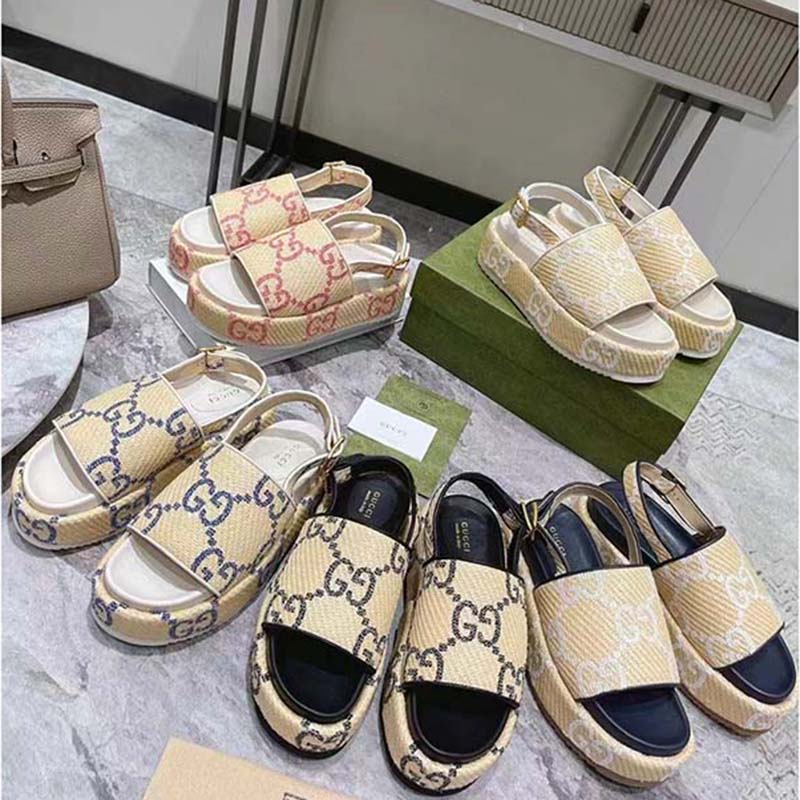 G*u*i women gg platform sandal beige light blue gg raffia effect fabric