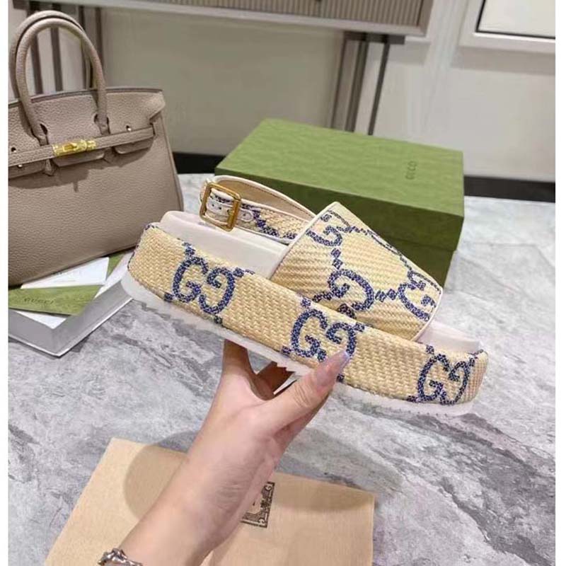 G*u*i women gg platform sandal beige light blue gg raffia effect fabric