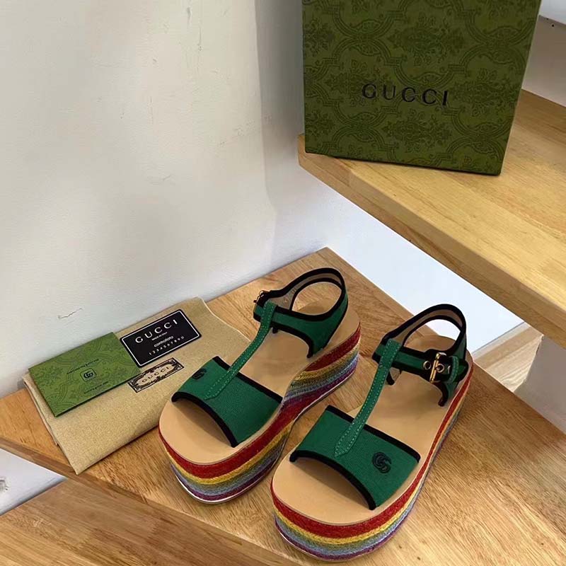 G*u*i women gg platform sandals green cotton double g embroidery 4 cm heel