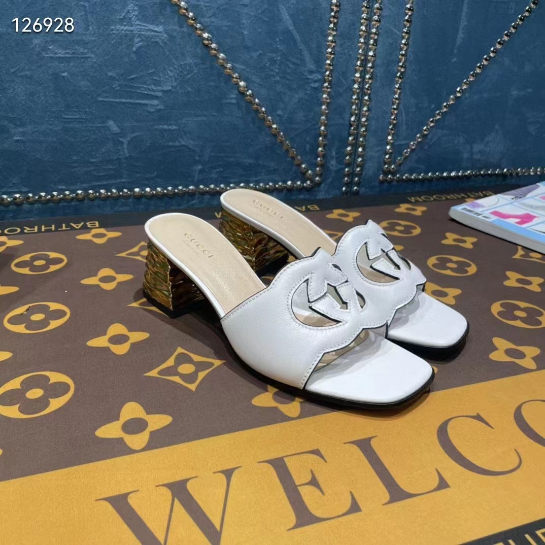 G*u*i women interlocking g cut-out sandal white leather mid-heel 5 cm heel