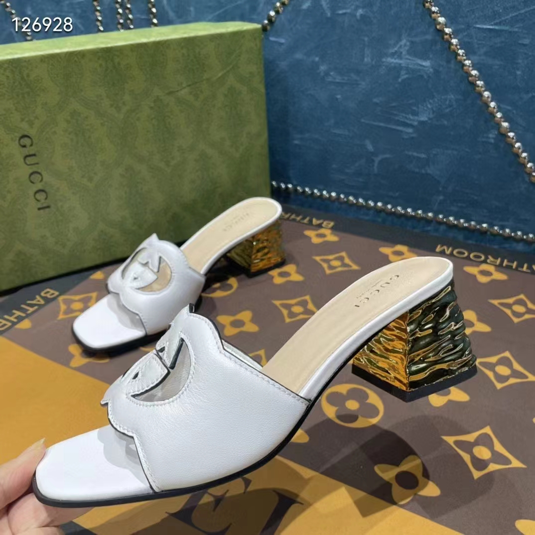 G*u*i women interlocking g cut-out sandal white leather mid-heel 5 cm heel