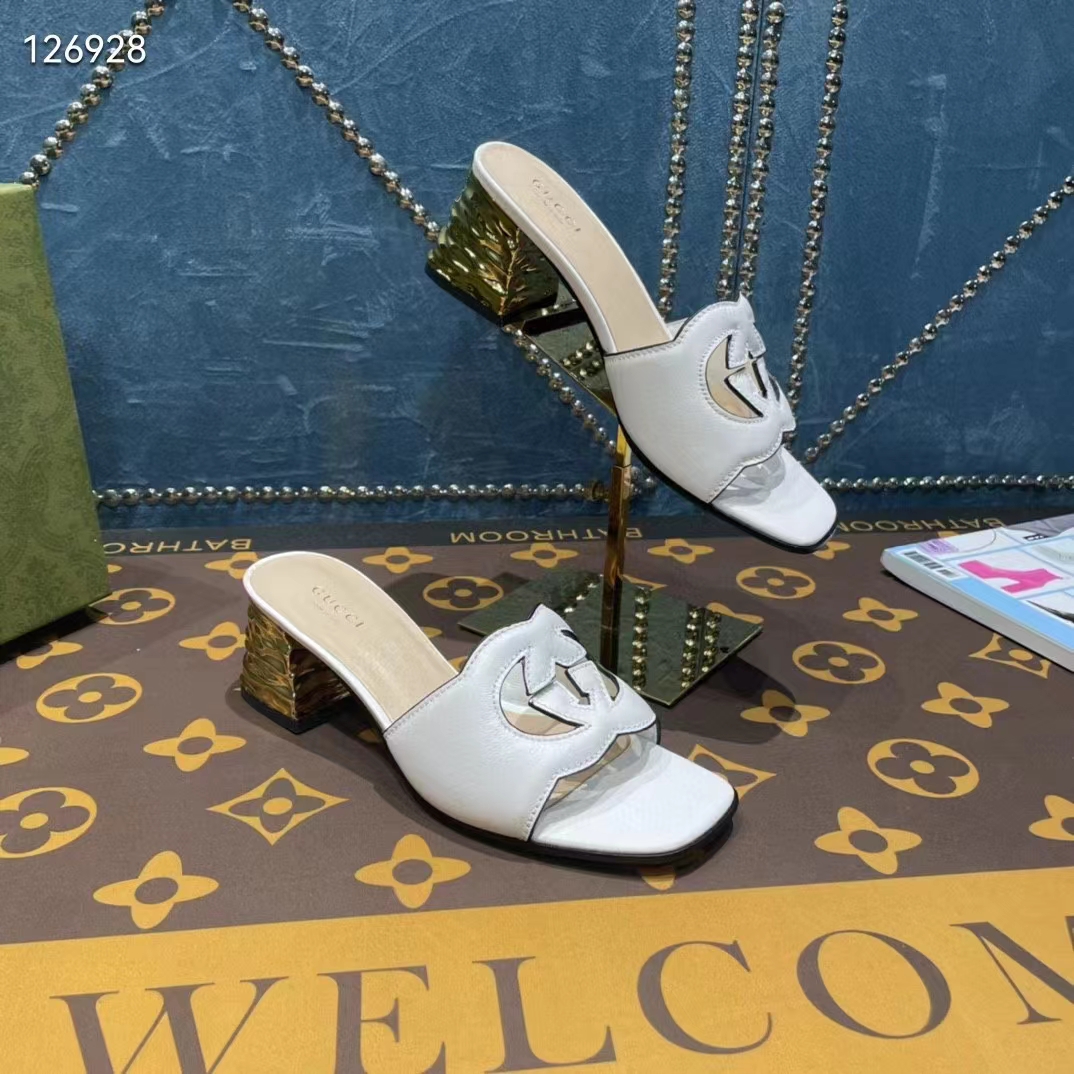 G*u*i women interlocking g cut-out sandal white leather mid-heel 5 cm heel