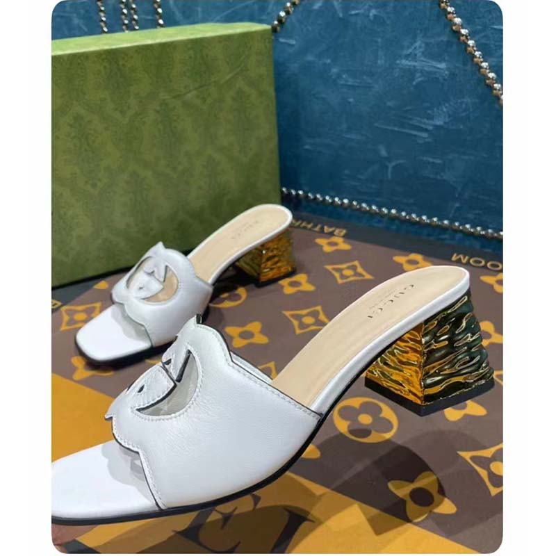 G*u*i women interlocking g cut-out sandal white leather mid-heel 5 cm heel